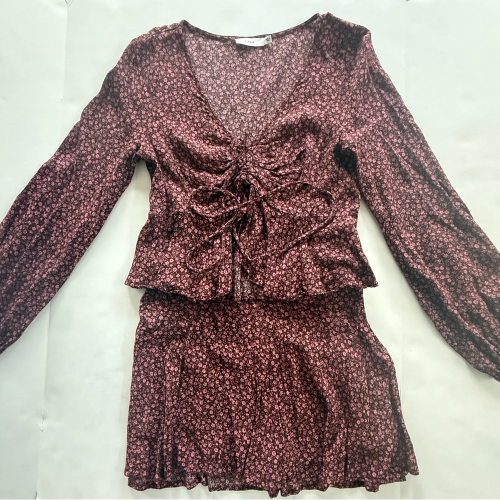 Lush Pink and Brown Floral Top and Skirt Set